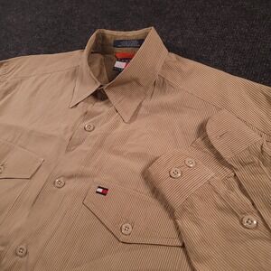 Vintage‎ Tommy Hilfiger Men Long Sleeve Button Shirt Medium Tan Pinstripe Cotton
